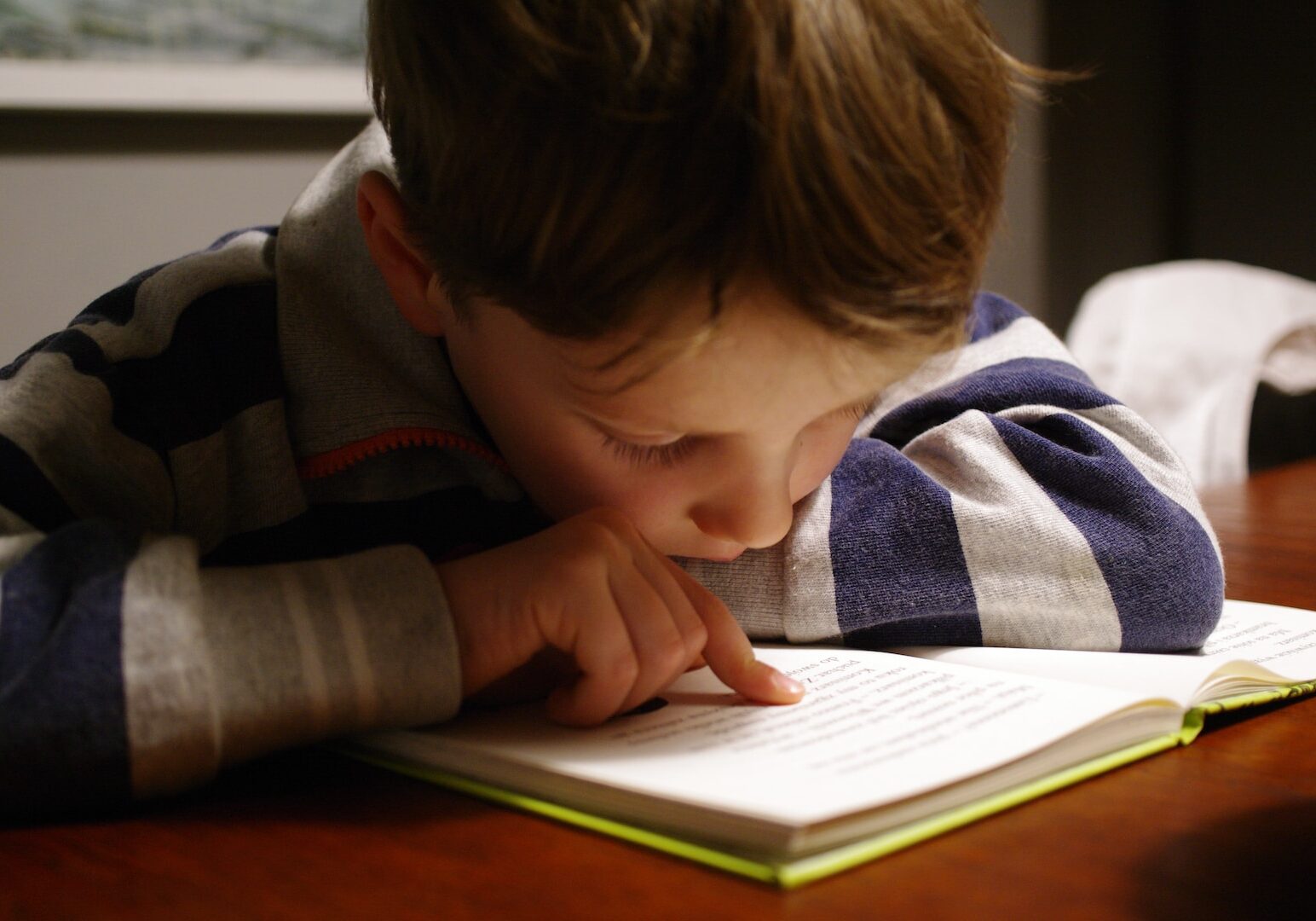 boy in gray and red hoodie reading book